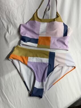 Walkonbeach Colorblock High Neck and Mid Waist Bikini, Size Large